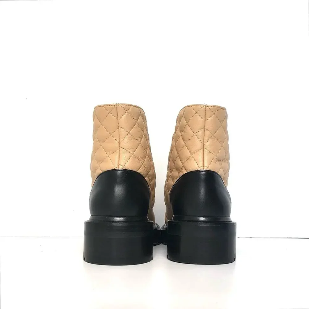 Chanel Quilted CC Chain Brave Lambskin Calfskin Cap Toe Combat Short Boots 37